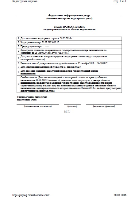 Справка о кадастровой стоимости